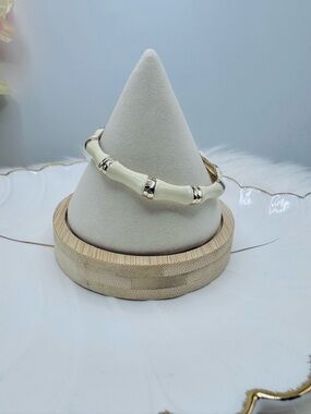 Sequin Cream Bamboo Style Hinged Bangle Bracelet Gold Tone Elegant
